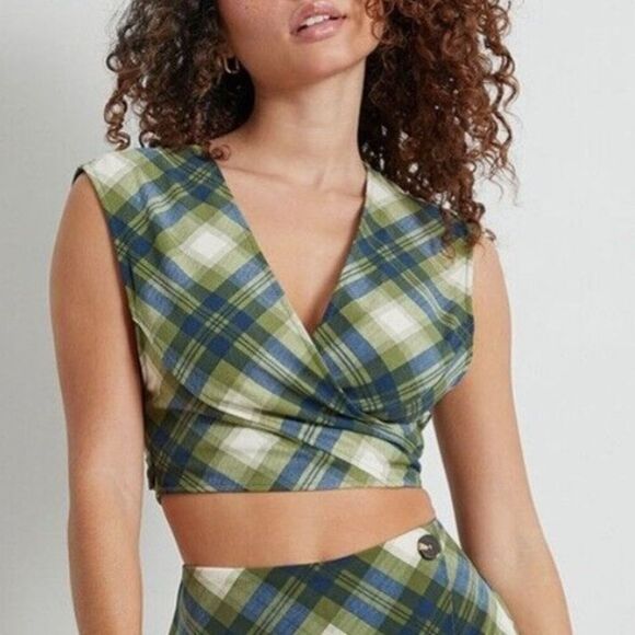NWT WeWoreWhat Plaid Green and Blue Sleeveless Wrap Crop Top Small - Picture 1 of 6